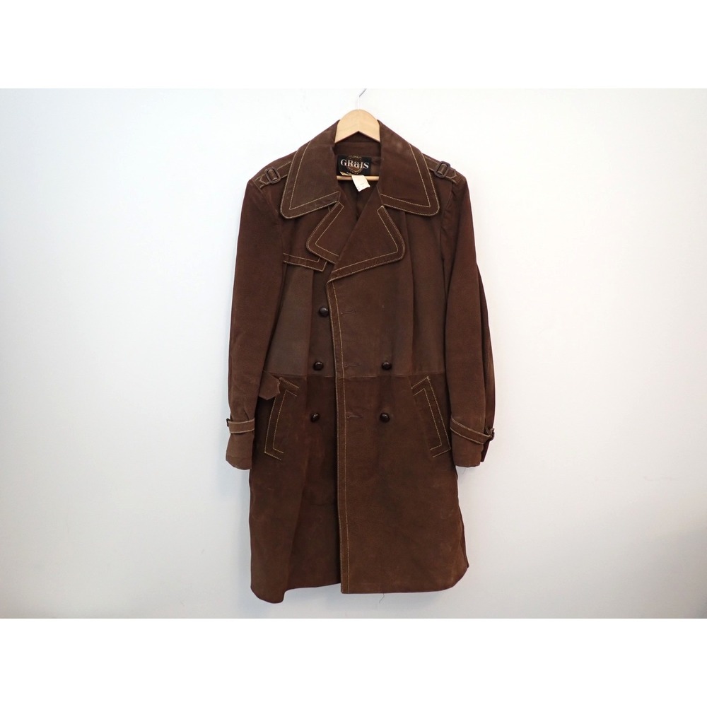 Vintage Grais Genuine Pigskin Leather Trench Coat Mens 44 Brown Belted USA
